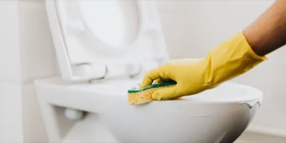 Mano con guante limpiando la taza de un baño