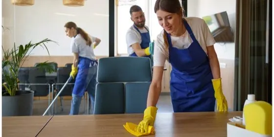 Integrante del equipo limpiando una mesa mientras dos compañeros trabajan al fondo